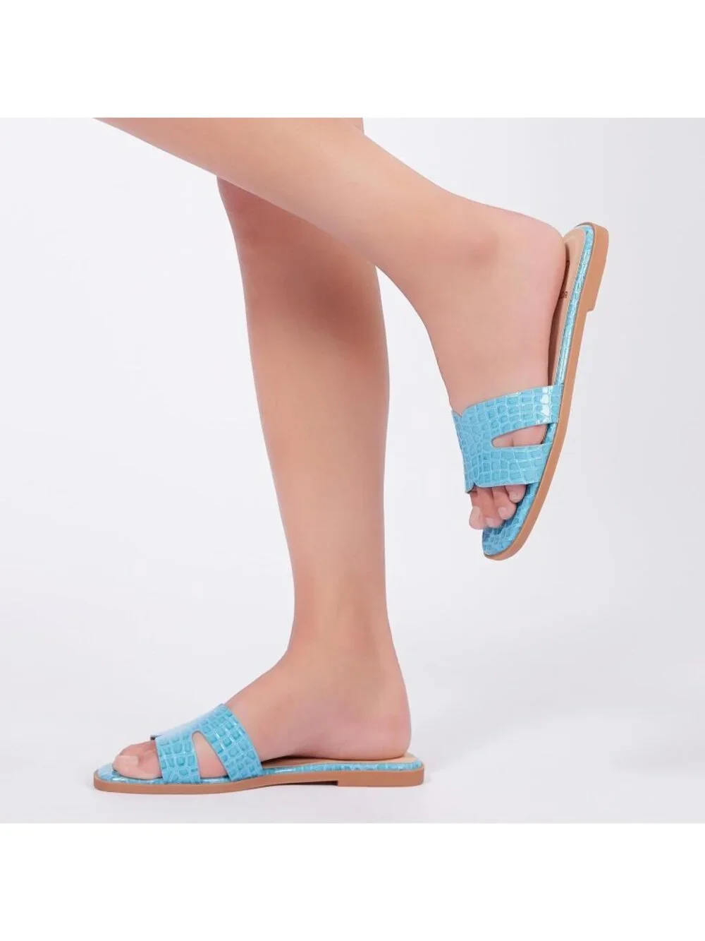 Women's Green Flat Comfortable Slides Fashion Square Open Toe Slip Beach Sandal
